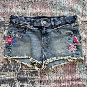 Express Boho Floral Embroidered Denim Shorts